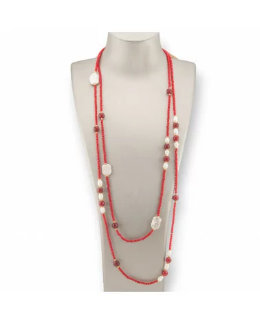 Collana Bijoux Charlestone Di Cristalli CZ Con Pietre Dure E Perle Di Fiume Con Ematite 160cm Rosso-DESIGN ITALY | Worldofjewel.com