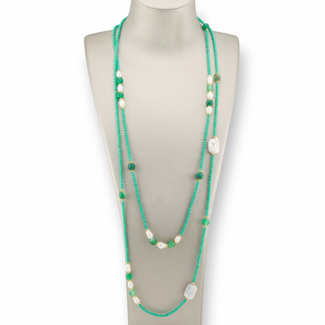 Collana Bijoux Charlestone Di Cristalli CZ Con Pietre Dure E Perle Di Fiume Con Ematite 160cm Verde-DESIGN ITALY | Worldofjewel.com