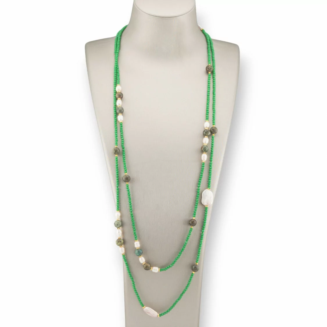 Collana Bijoux Charlestone Di Cristalli CZ Con Pietre Dure E Perle Di Fiume Con Ematite 160cm Verde Prato-DESIGN ITALY | Worldofjewel.com