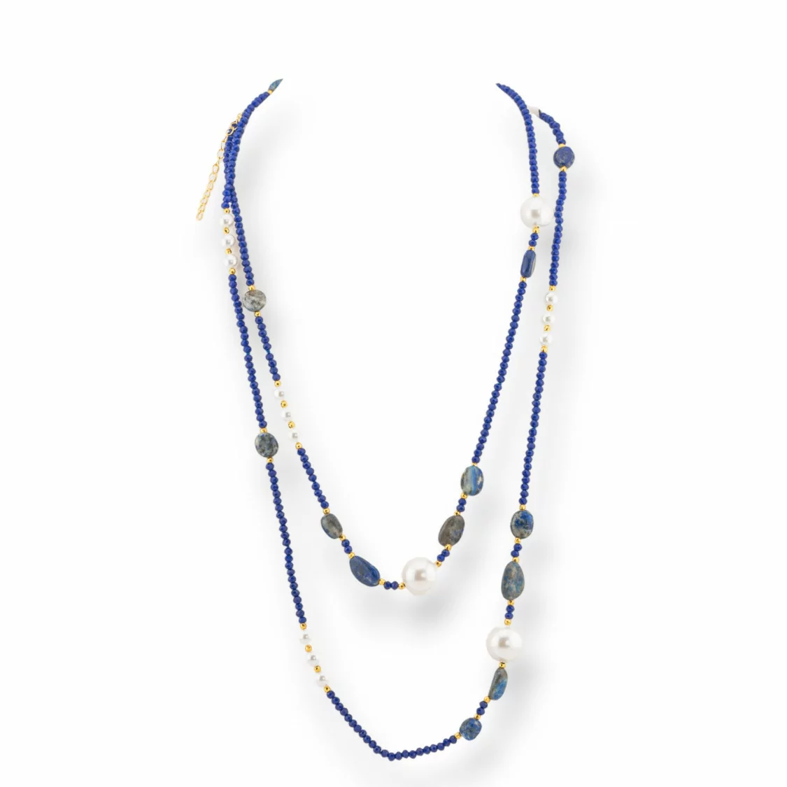 Collana Bijoux Charlestone Di Cristalli CZ Con Pietre Dure E Perle Di Maiorca Con Ematite 120cm Blu-DESIGN ITALY | Worldofjewel.com