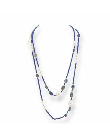 Collana Bijoux Charlestone Di Cristalli CZ Con Pietre Dure E Perle Di Maiorca Con Ematite 120cm Blu-DESIGN ITALY | Worldofjewel.com