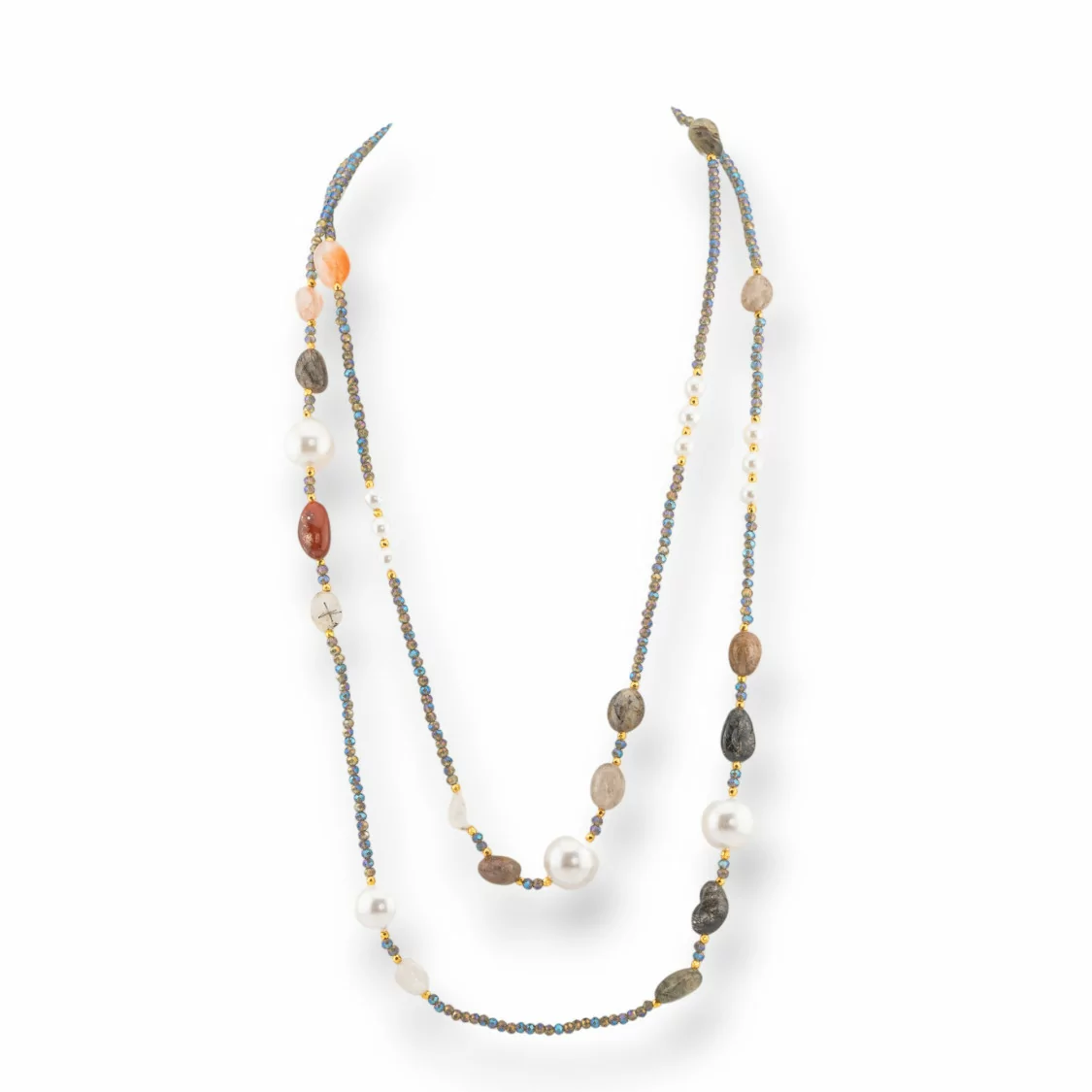 Collana Bijoux Charlestone Di Cristalli CZ Con Pietre Dure E Perle Di Maiorca Con Ematite 120cm Mix Scuro-DESIGN ITALY | Worldofjewel.com