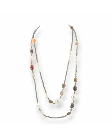 Collana Bijoux Charlestone Di Cristalli CZ Con Pietre Dure E Perle Di Maiorca Con Ematite 120cm Mix Scuro-DESIGN ITALY | Worldofjewel.com