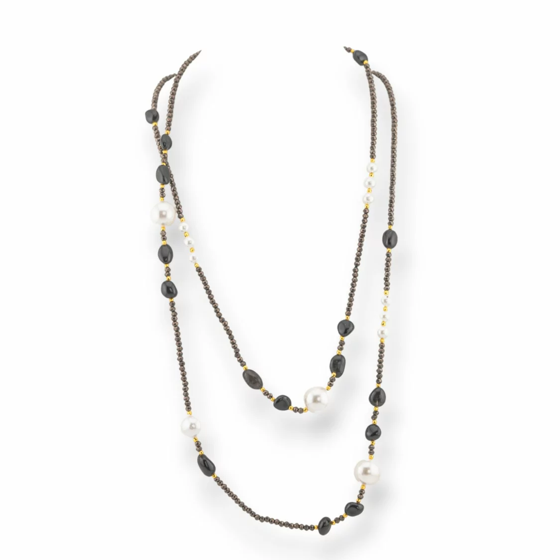 Collana Bijoux Charlestone Di Cristalli CZ Con Pietre Dure E Perle Di Maiorca Con Ematite 120cm Nero-DESIGN ITALY | Worldofjewel.com