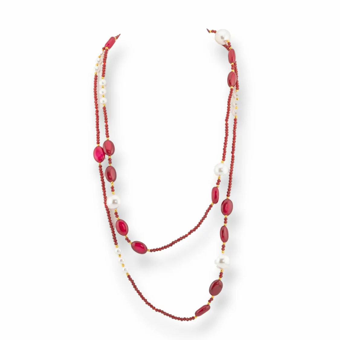 Collana Bijoux Charlestone Di Cristalli CZ Con Pietre Dure E Perle Di Maiorca Con Ematite 120cm Rosso-DESIGN ITALY | Worldofjewel.com