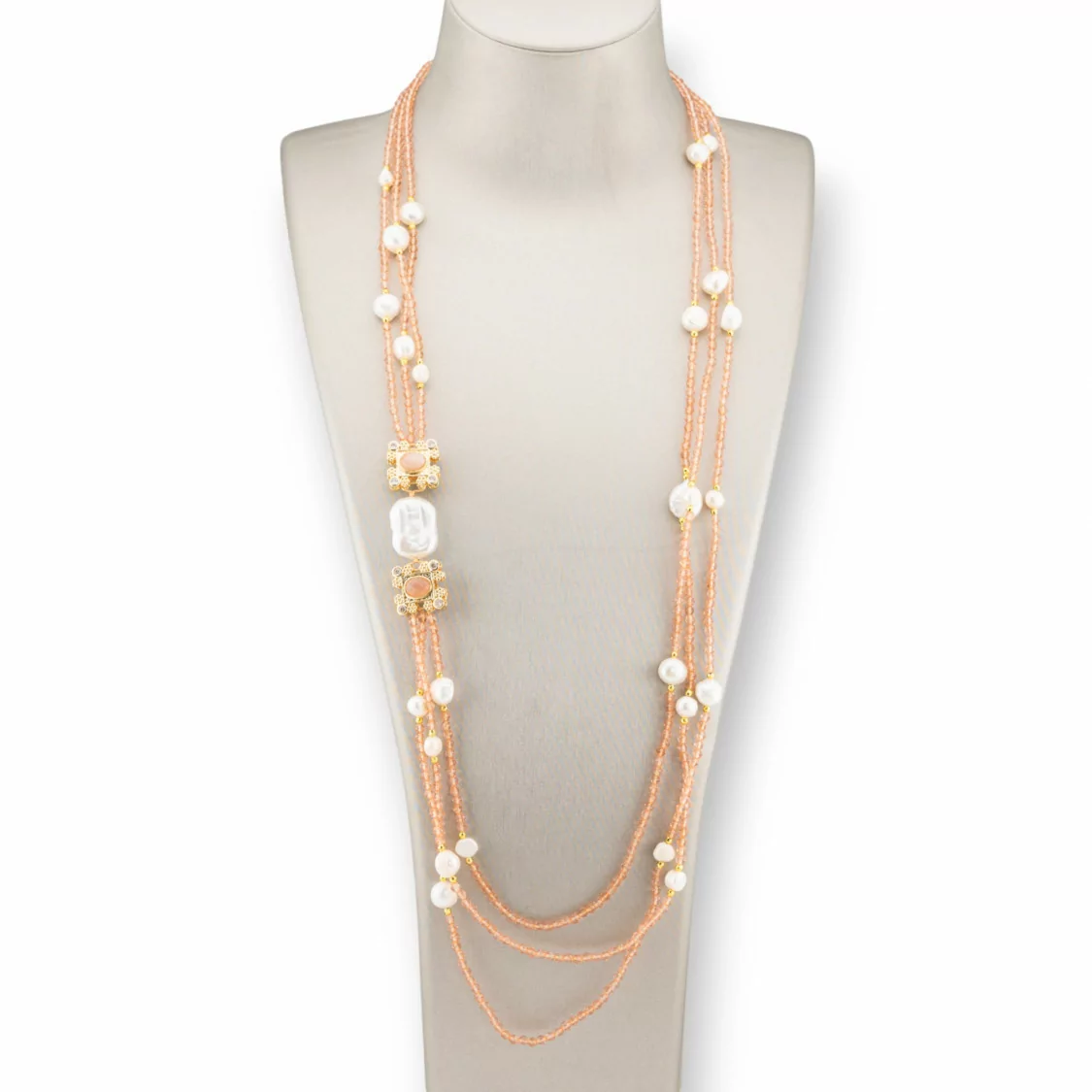 Collana Bijoux Charlestone Di Perle Di Fiume E Cristalli Con Elementi Di Bronzo 90cm Pesca-DESIGN ITALY | Worldofjewel.com