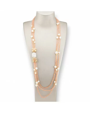 Collana Bijoux Charlestone Di Perle Di Fiume E Cristalli Con Elementi Di Bronzo 90cm Pesca-DESIGN ITALY | Worldofjewel.com