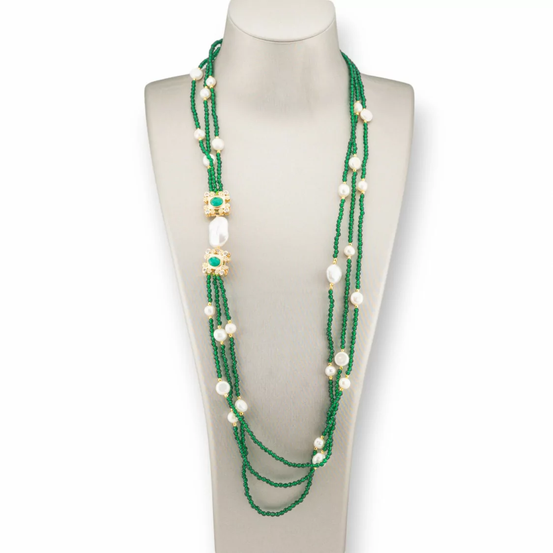 Collana Bijoux Charlestone Di Perle Di Fiume E Cristalli Con Elementi Di Bronzo 90cm Verde-DESIGN ITALY | Worldofjewel.com