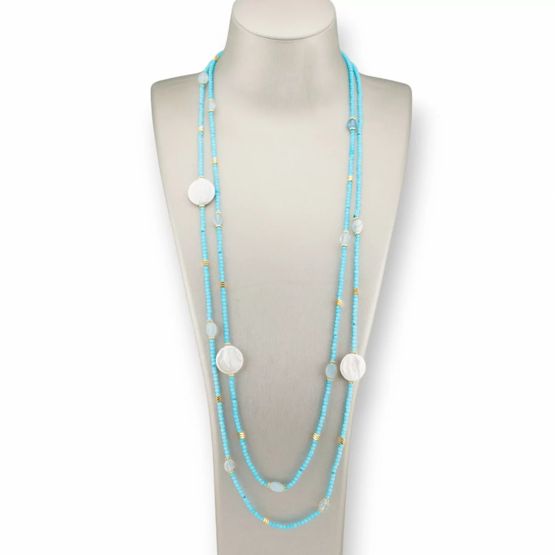 Collana Bijoux Charlestone Di Pietre Dure Perle Di Fiume Barocche Piatte, Ematite E Cristalli 160cm Azzurro Acquamarina-DESIGN ITALY | Worldofjewel.com