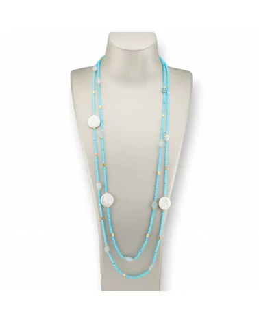 Collana Bijoux Charlestone Di Pietre Dure Perle Di Fiume Barocche Piatte, Ematite E Cristalli 160cm Azzurro Acquamarina-DESIGN ITALY | Worldofjewel.com