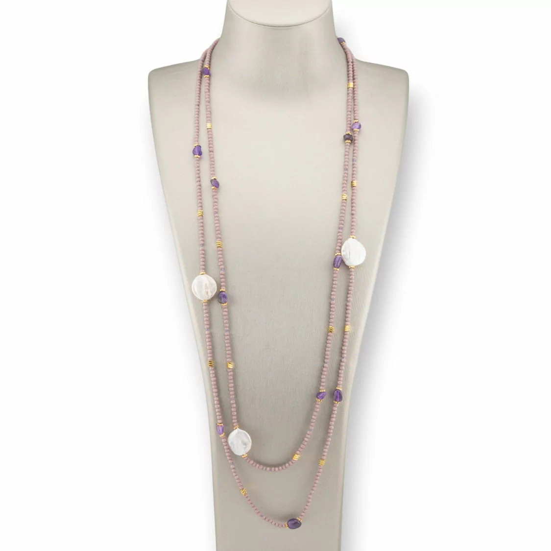 Collana Bijoux Charlestone Di Pietre Dure Perle Di Fiume Barocche Piatte, Ematite E Cristalli 160cm Lilla Ametista-DESIGN ITALY | Worldofjewel.com