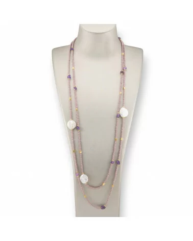 Collana Bijoux Charlestone Di Pietre Dure Perle Di Fiume Barocche Piatte, Ematite E Cristalli 160cm Lilla Ametista-DESIGN ITALY | Worldofjewel.com