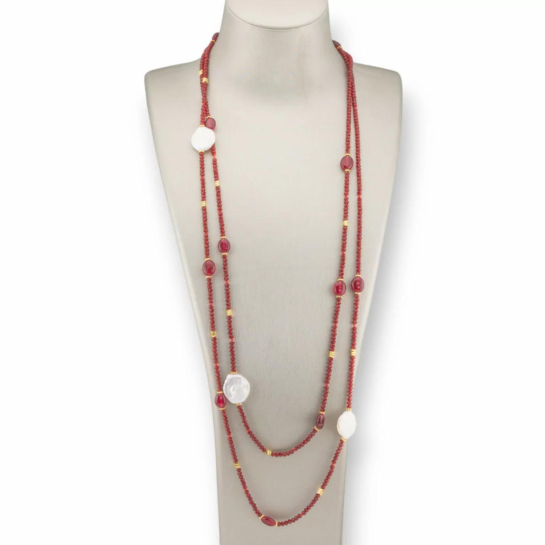 Collana Bijoux Charlestone Di Pietre Dure Perle Di Fiume Barocche Piatte, Ematite E Cristalli 160cm Rosso-DESIGN ITALY | Worldofjewel.com