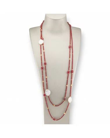 Collana Bijoux Charlestone Di Pietre Dure Perle Di Fiume Barocche Piatte, Ematite E Cristalli 160cm Rosso-DESIGN ITALY | Worldofjewel.com