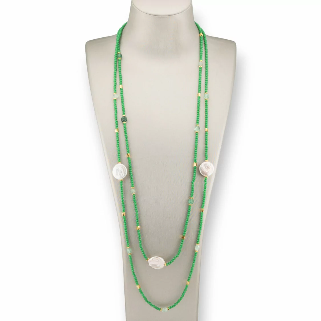 Collana Bijoux Charlestone Di Pietre Dure Perle Di Fiume Barocche Piatte, Ematite E Cristalli 160cm Verde-DESIGN ITALY | Worldofjewel.com