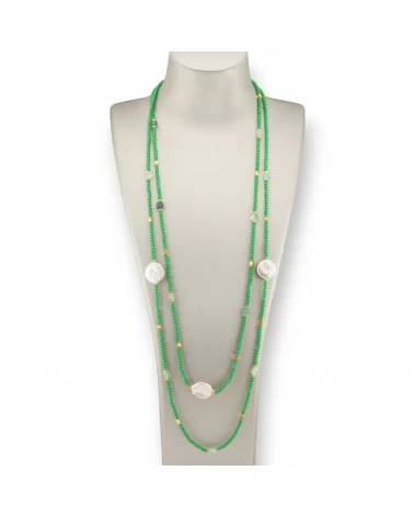 Collana Bijoux Charlestone Di Pietre Dure Perle Di Fiume Barocche Piatte, Ematite E Cristalli 160cm Verde-DESIGN ITALY | Worldofjewel.com