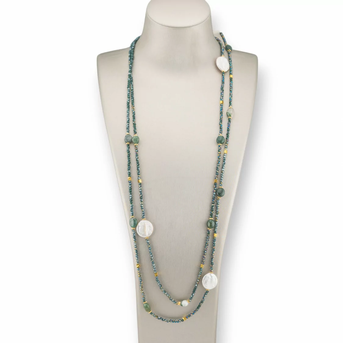 Collana Bijoux Charlestone Di Pietre Dure Perle Di Fiume Barocche Piatte, Ematite E Cristalli 160cm Verde Agata Muschiata-DESIGN ITALY | Worldofjewel.com