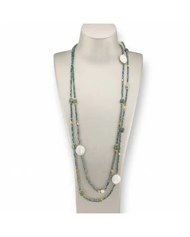 Collana Bijoux Charlestone Di Pietre Dure Perle Di Fiume Barocche Piatte, Ematite E Cristalli 160cm Verde Agata Muschiata-DESIGN ITALY | Worldofjewel.com