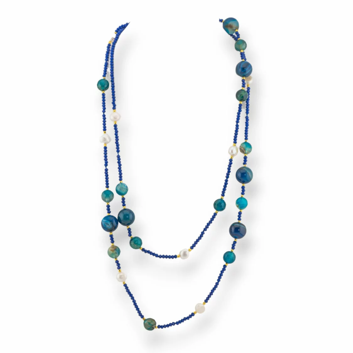 Collana Bijoux Charlestone Di Pietre Dure Perle Di Fiume E Cristalli 120cm Con Chiusura Agata Blu Striata-DESIGN ITALY | Worldofjewel.com