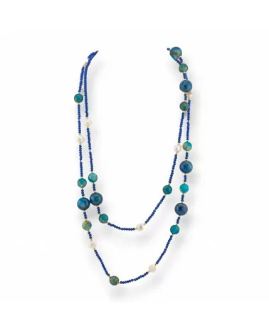 Collana Bijoux Charlestone Di Pietre Dure Perle Di Fiume E Cristalli 120cm Con Chiusura Agata Blu Striata-DESIGN ITALY | Worldofjewel.com