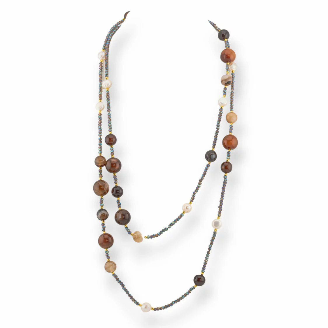 Collana Bijoux Charlestone Di Pietre Dure Perle Di Fiume E Cristalli 120cm Con Chiusura Agata Marrone Striata-DESIGN ITALY | Worldofjewel.com