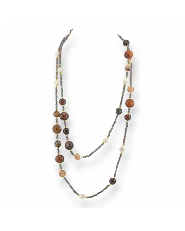 Collana Bijoux Charlestone Di Pietre Dure Perle Di Fiume E Cristalli 120cm Con Chiusura Agata Marrone Striata-DESIGN ITALY | Worldofjewel.com