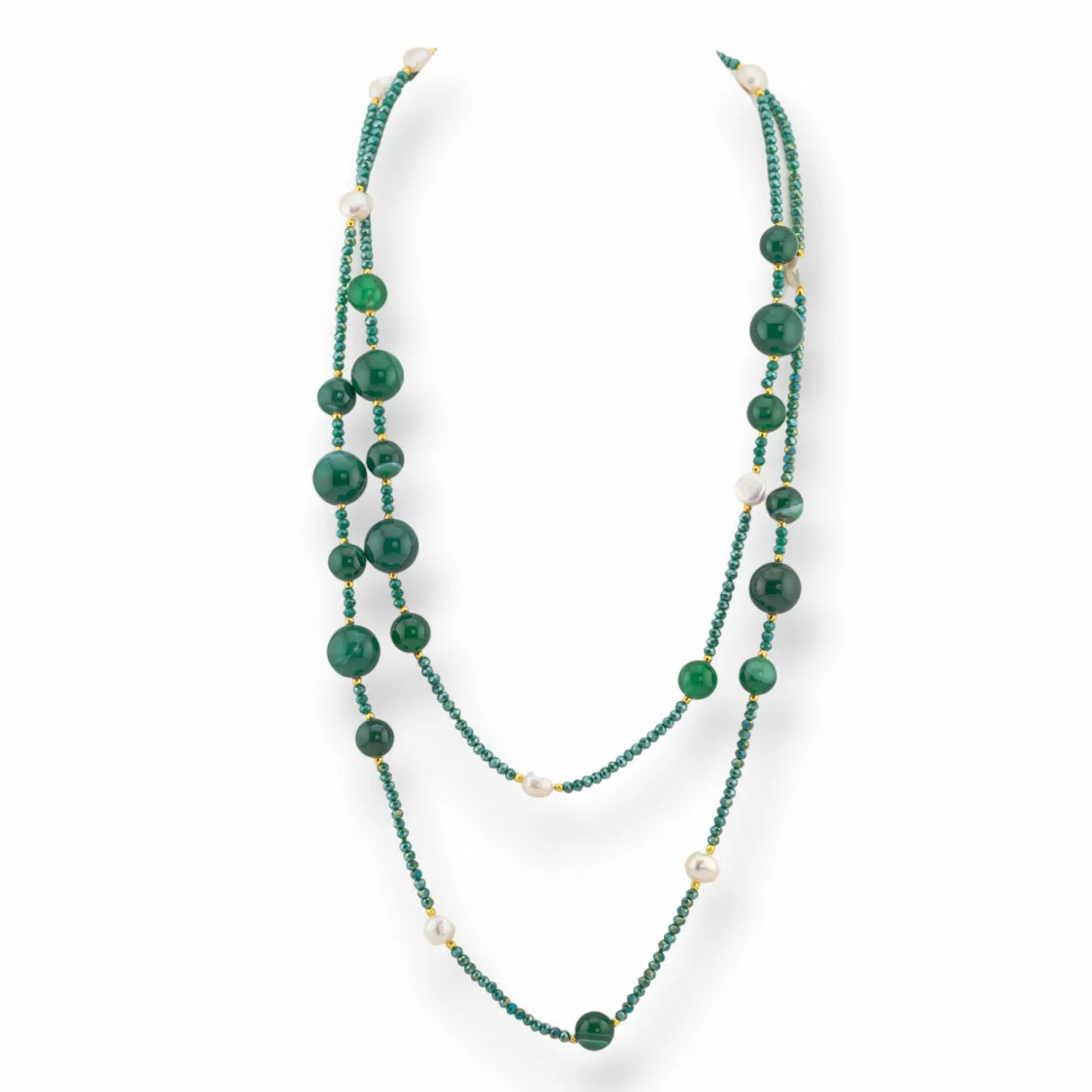 Collana Bijoux Charlestone Di Pietre Dure Perle Di Fiume E Cristalli 120cm Con Chiusura Agata Verde Striata-DESIGN ITALY | Worldofjewel.com