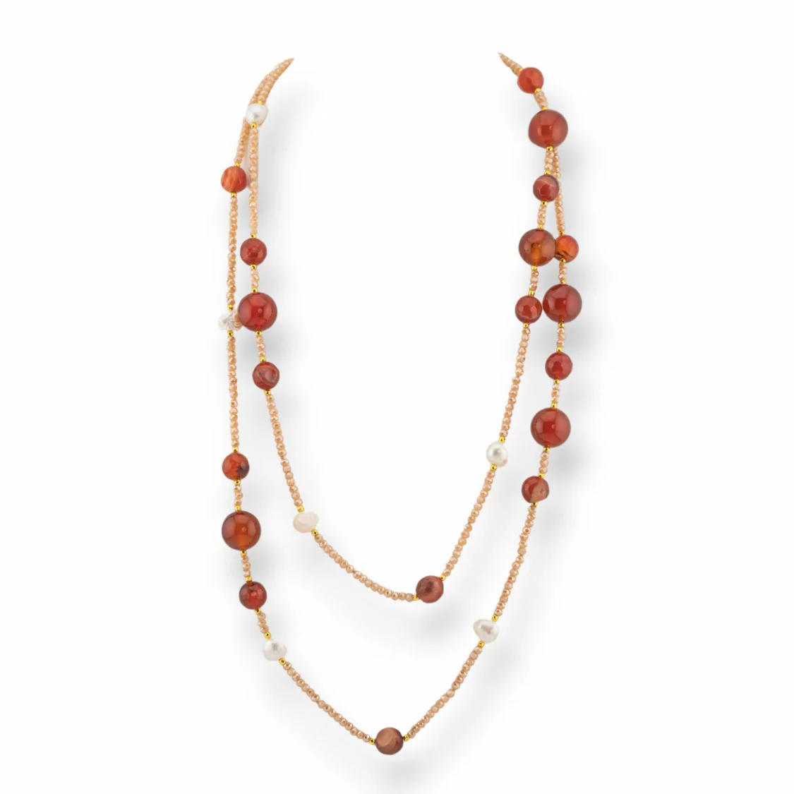 Collana Bijoux Charlestone Di Pietre Dure Perle Di Fiume E Cristalli 120cm Con Chiusura Corniola-DESIGN ITALY | Worldofjewel.com