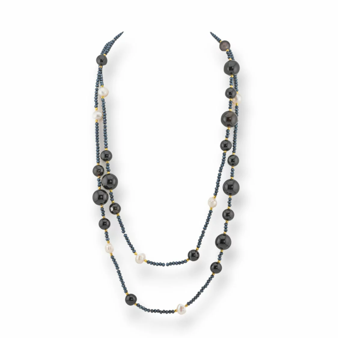 Collana Bijoux Charlestone Di Pietre Dure Perle Di Fiume E Cristalli 120cm Con Chiusura Onice-DESIGN ITALY | Worldofjewel.com