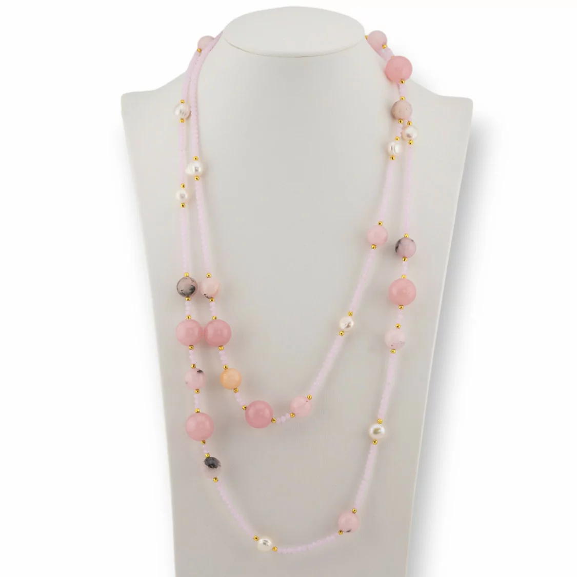 Collana Bijoux Charlestone Di Pietre Dure Perle Di Fiume E Cristalli 120cm Con Chiusura Opale Rosa-DESIGN ITALY | Worldofjewel.com