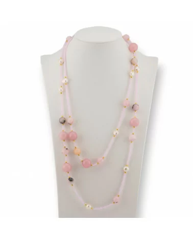 Collana Bijoux Charlestone Di Pietre Dure Perle Di Fiume E Cristalli 120cm Con Chiusura Opale Rosa-DESIGN ITALY | Worldofjewel.com