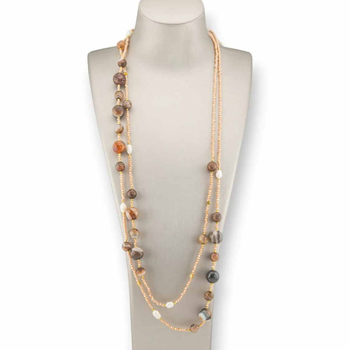 Collana Bijoux Charlestone Di Pietre Dure Perle Di Fiume E Cristalli 160cm Agata Marrone Striata-DESIGN ITALY | Worldofjewel.com