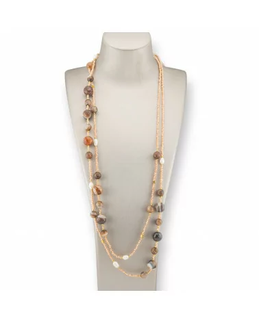 Collana Bijoux Charlestone Di Pietre Dure Perle Di Fiume E Cristalli 160cm Agata Marrone Striata-DESIGN ITALY | Worldofjewel.com