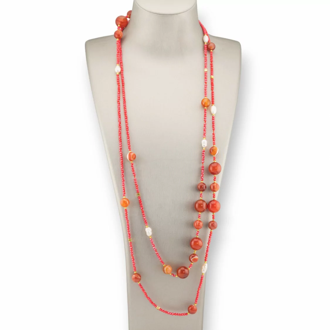 Collana Bijoux Charlestone Di Pietre Dure Perle Di Fiume E Cristalli 160cm Rosso-DESIGN ITALY | Worldofjewel.com