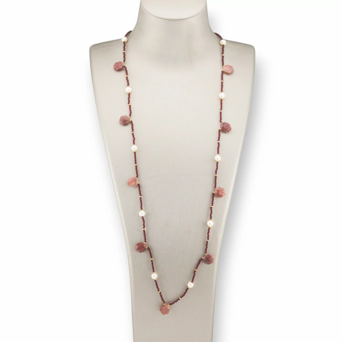 Collana Bijoux Charlestone Di Pietre Dure Perle Di Fiume E Cristalli 90cm Quarzo Fragola-DESIGN ITALY | Worldofjewel.com