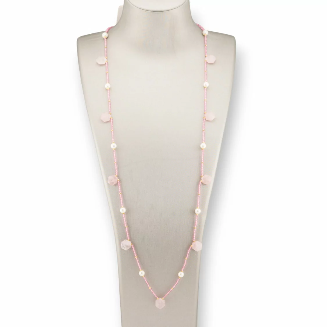 Collana Bijoux Charlestone Di Pietre Dure Perle Di Fiume E Cristalli 90cm Quarzo Rosa-DESIGN ITALY | Worldofjewel.com