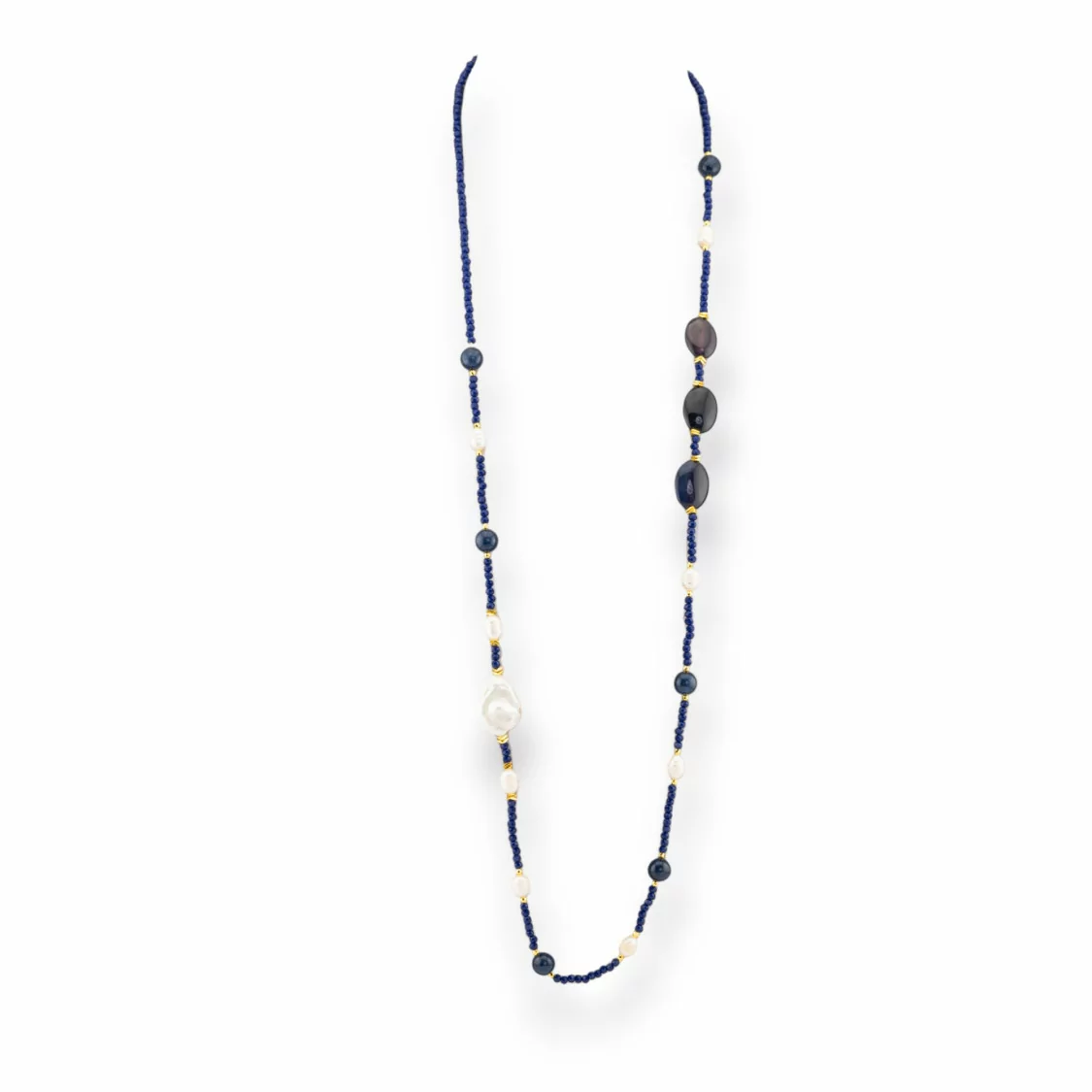 Collana Bijoux Di Cristalli CZ Con Pietre Dure E Perle Di Fiume Barocche Piatte Con Ematite 90cm Blu-DESIGN ITALY | Worldofjewel.com