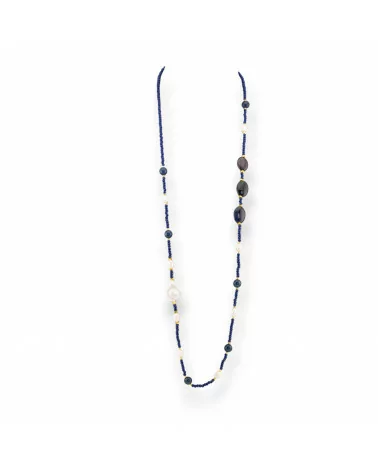 Collana Bijoux Di Cristalli CZ Con Pietre Dure E Perle Di Fiume Barocche Piatte Con Ematite 90cm Blu-DESIGN ITALY | Worldofjewel.com