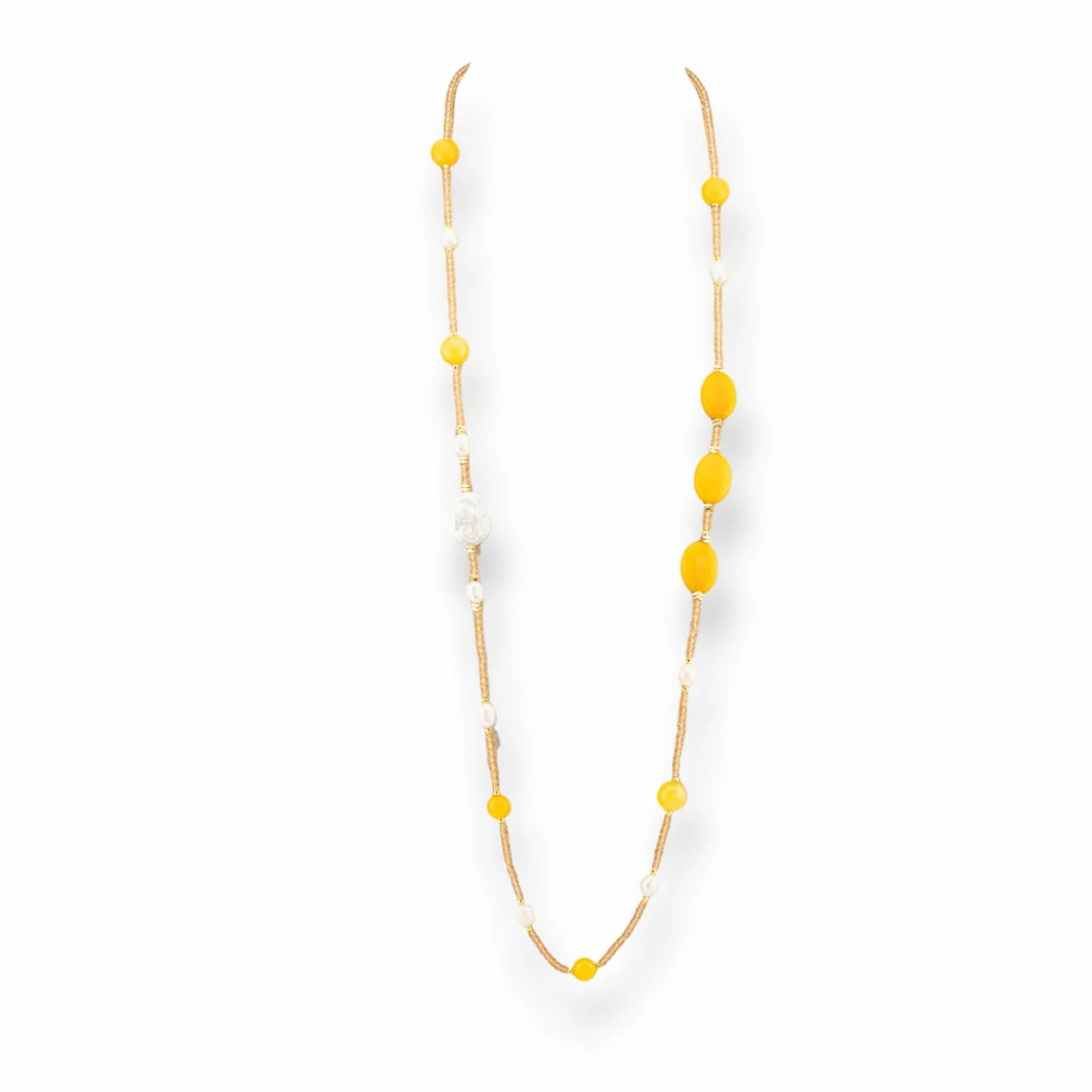 Collana Bijoux Di Cristalli CZ Con Pietre Dure E Perle Di Fiume Barocche Piatte Con Ematite 90cm Giallo-DESIGN ITALY | Worldofjewel.com