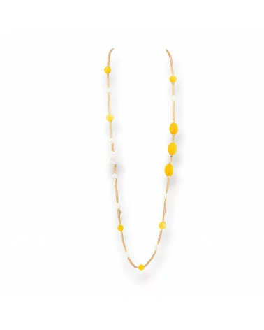 Collana Bijoux Di Cristalli CZ Con Pietre Dure E Perle Di Fiume Barocche Piatte Con Ematite 90cm Giallo-DESIGN ITALY | Worldofjewel.com