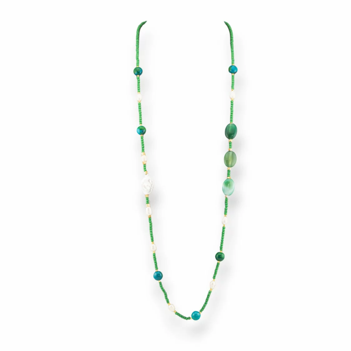 Collana Bijoux Di Cristalli CZ Con Pietre Dure E Perle Di Fiume Barocche Piatte Con Ematite 90cm Verde-DESIGN ITALY | Worldofjewel.com