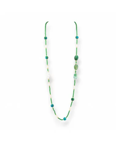 Collana Bijoux Di Cristalli CZ Con Pietre Dure E Perle Di Fiume Barocche Piatte Con Ematite 90cm Verde-DESIGN ITALY | Worldofjewel.com