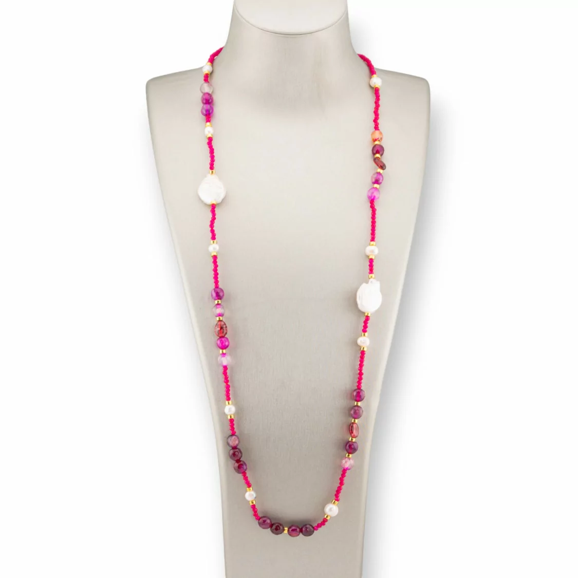 Collana Bijoux Di Cristalli CZ Con Pietre Dure, Perle Barocche Piatte E Ematite 90cm Fucsia-DESIGN ITALY | Worldofjewel.com