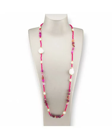 Collana Bijoux Di Cristalli CZ Con Pietre Dure, Perle Barocche Piatte E Ematite 90cm Fucsia-DESIGN ITALY | Worldofjewel.com