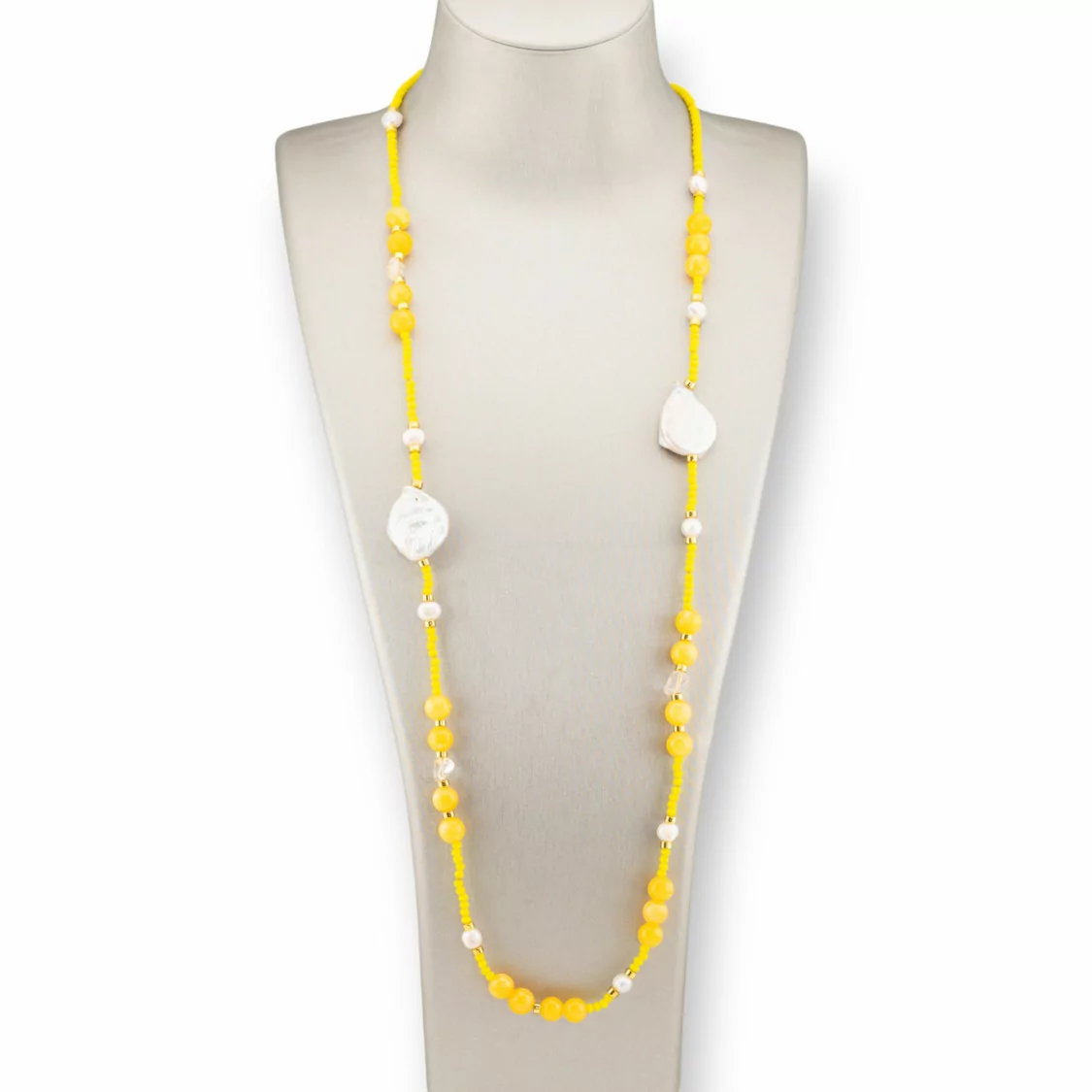 Collana Bijoux Di Cristalli CZ Con Pietre Dure, Perle Barocche Piatte E Ematite 90cm Giallo-DESIGN ITALY | Worldofjewel.com