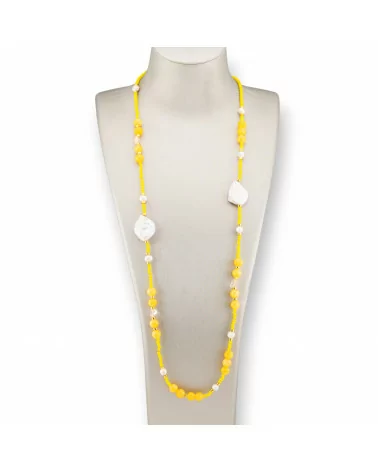 Collana Bijoux Di Cristalli CZ Con Pietre Dure, Perle Barocche Piatte E Ematite 90cm Giallo-DESIGN ITALY | Worldofjewel.com