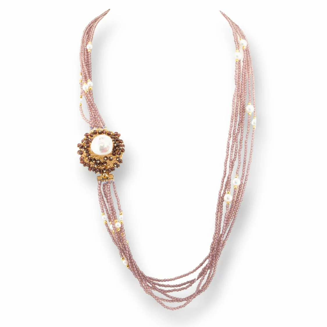 Collana Bijoux Multifilo Di Cristalli CZ Con Perle Di Fiume E Maiorca E Ematite 60cm Cipria-DESIGN ITALY | Worldofjewel.com