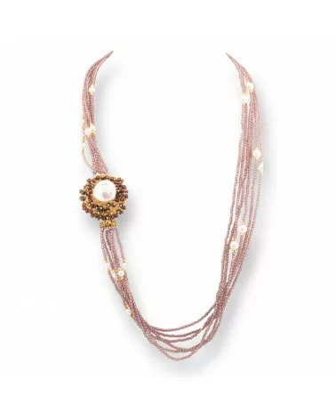 Collana Bijoux Multifilo Di Cristalli CZ Con Perle Di Fiume E Maiorca E Ematite 60cm Rosa-DESIGN ITALY | Worldofjewel.com