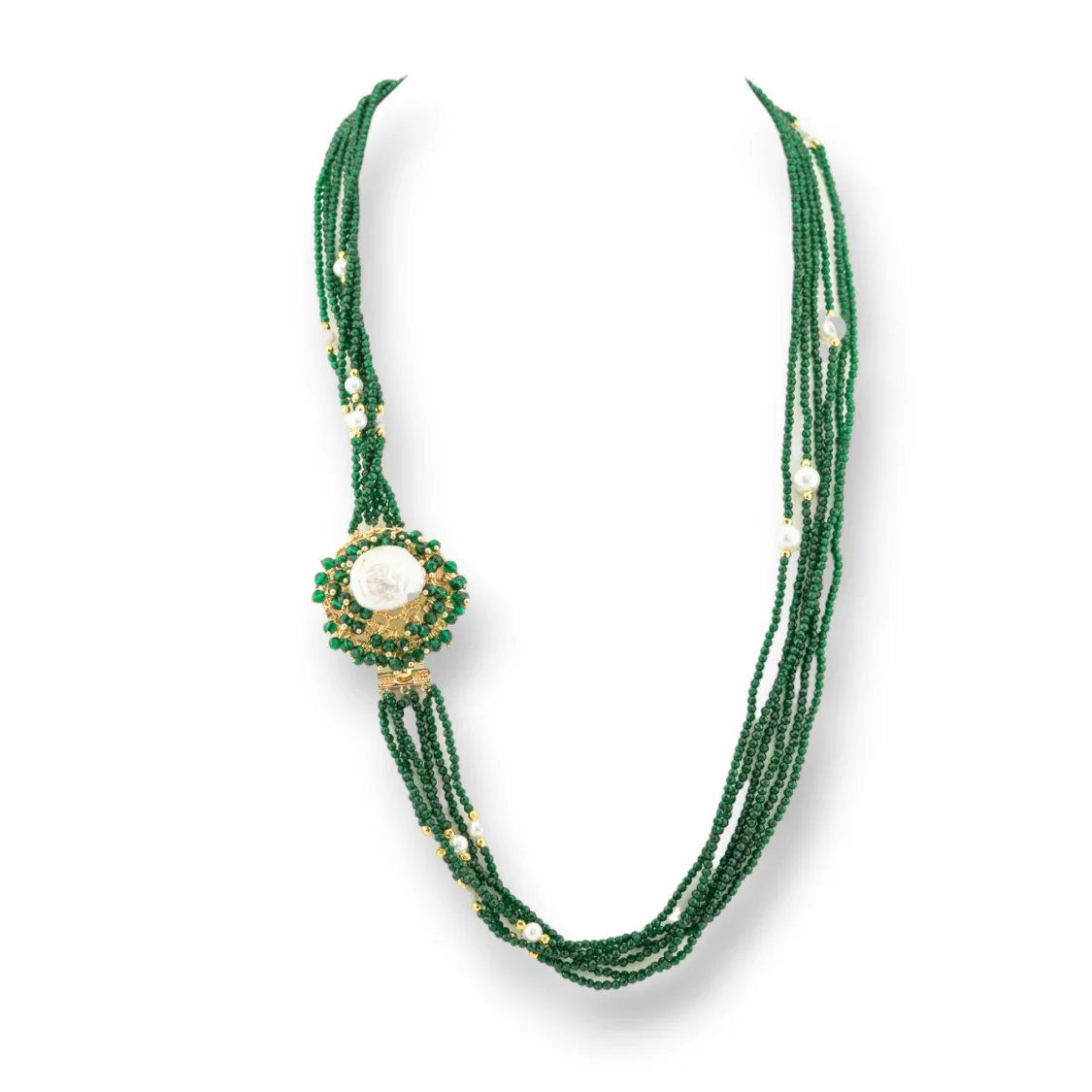 Collana Bijoux Multifilo Di Cristalli CZ Con Perle Di Fiume E Maiorca E Ematite 60cm Verde-DESIGN ITALY | Worldofjewel.com
