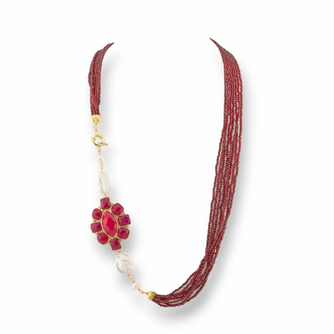 Collana Bijoux Multifilo Di Perle Di Fiume Barocche E Cristalli CZ 60cm Con Centrale Di Bronzo Bordeaux Giada Rubellite-DESIGN ITALY | Worldofjewel.com